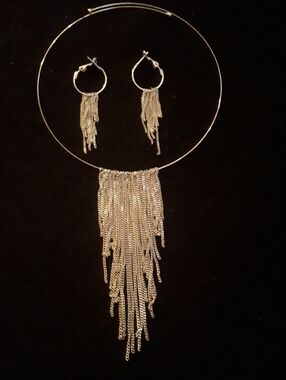 Vintage Silver Fringe Hoop Necklace and Earring Set - Women Jewelry